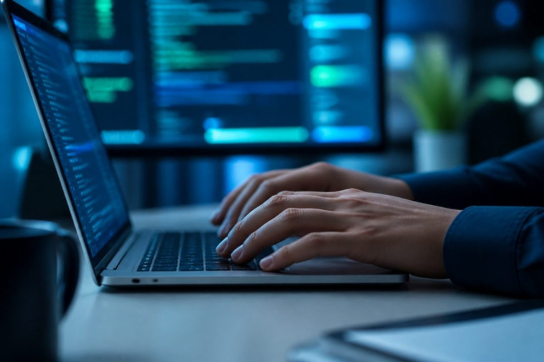 Developer writing code on a laptop
