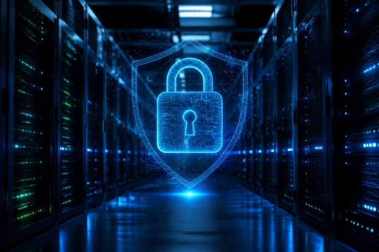 Digital padlock and shield in a server room