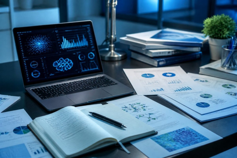 Research desk with data charts and journals