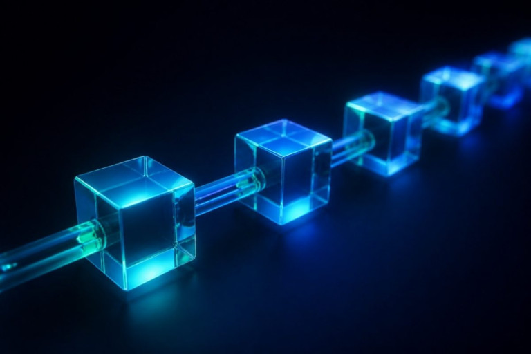 Chain of glowing linked cubes representing blockchain